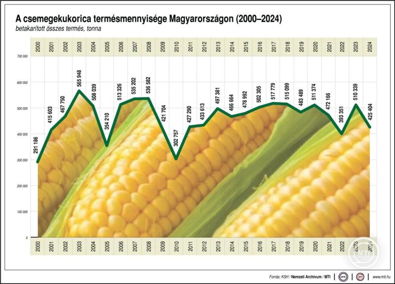 A csemegekukorica term&eacute;smennyis&eacute;ge Magyarorsz&aacute;gon (2000-2024)