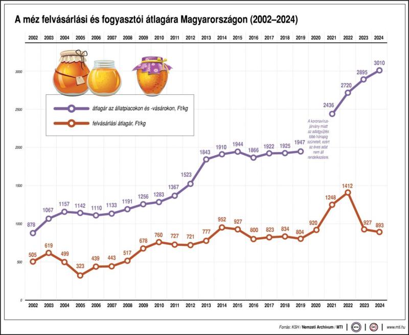 A méz felvásárlási és fogyasztói átlagára Magyarországon (2002-2024)