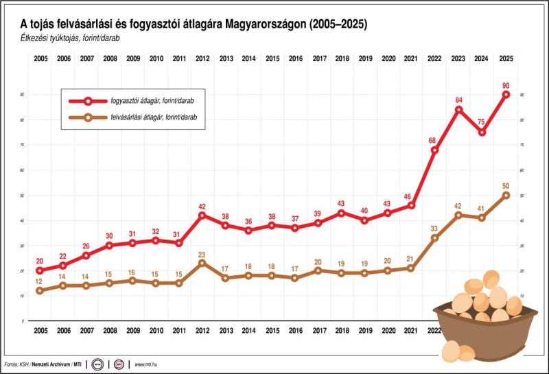 A tojás felvásárlási és fogyasztói átlagára Magyarországon (2005-2025)
